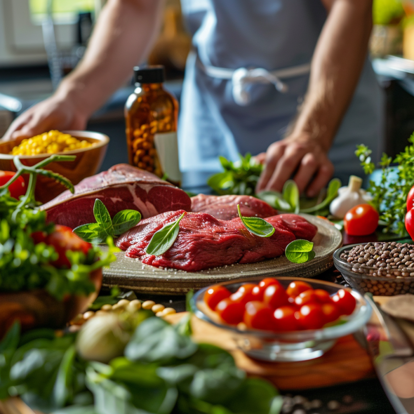 Table with iron-rich foods and supplements, symbolizing strategies to prevent and manage iron deficiency